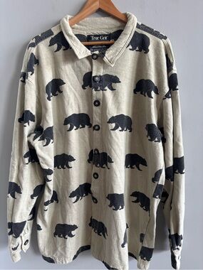 Vintage True Grit Bear Print Flannel Shirt Mens 2XL Beige Soft Cotton Button Up